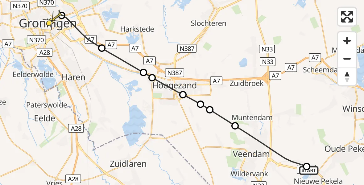 Routekaart van de vlucht: Lifeliner 4 naar Universitair Medisch Centrum Groningen, Zuidwending
