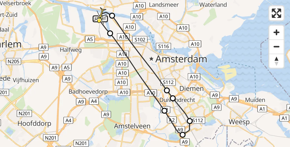 Routekaart van de vlucht: Lifeliner 1 naar Amsterdam Heliport, Corsicaweg