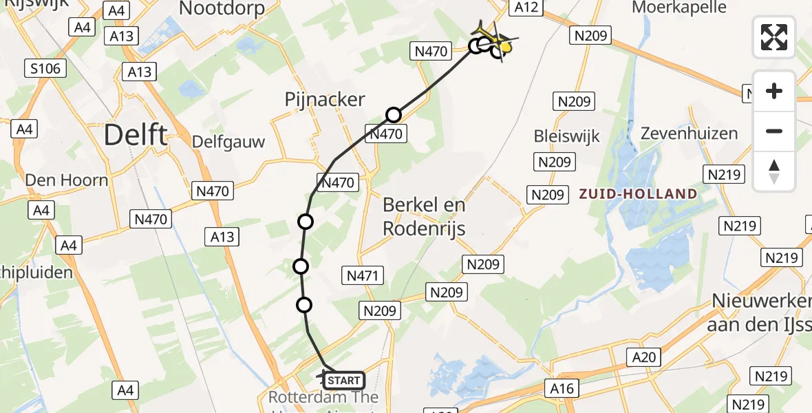 Routekaart van de vlucht: Lifeliner 2 naar Zoetermeer, Schieveense polder