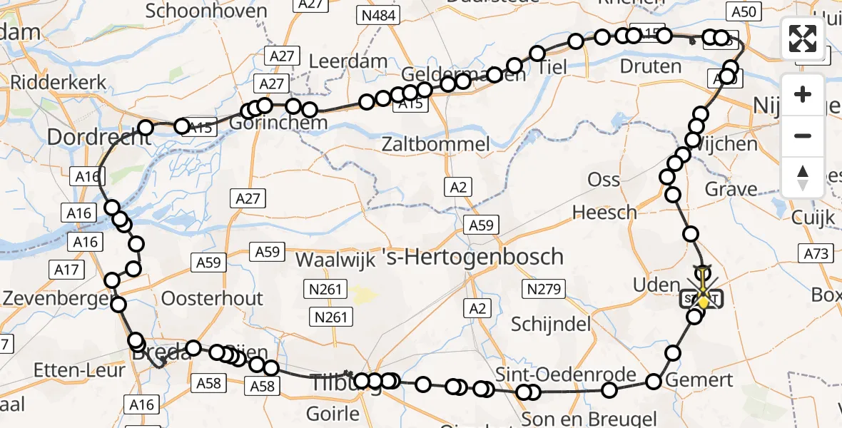 Routekaart van de vlucht: Politieheli naar Vliegbasis Volkel, Oosterheidestraat