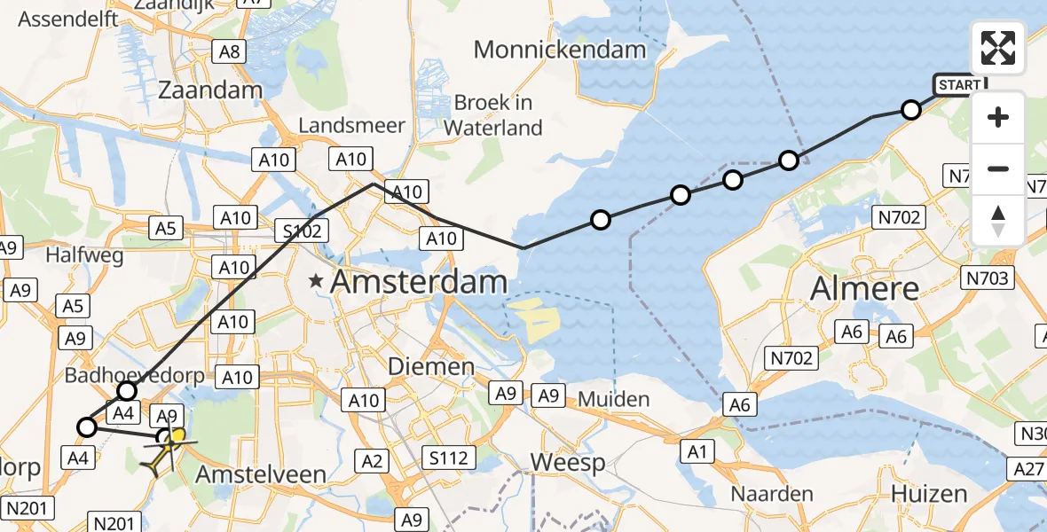 Routekaart van de vlucht: Politiehelikopter naar Schiphol, Oostvaardersdijk