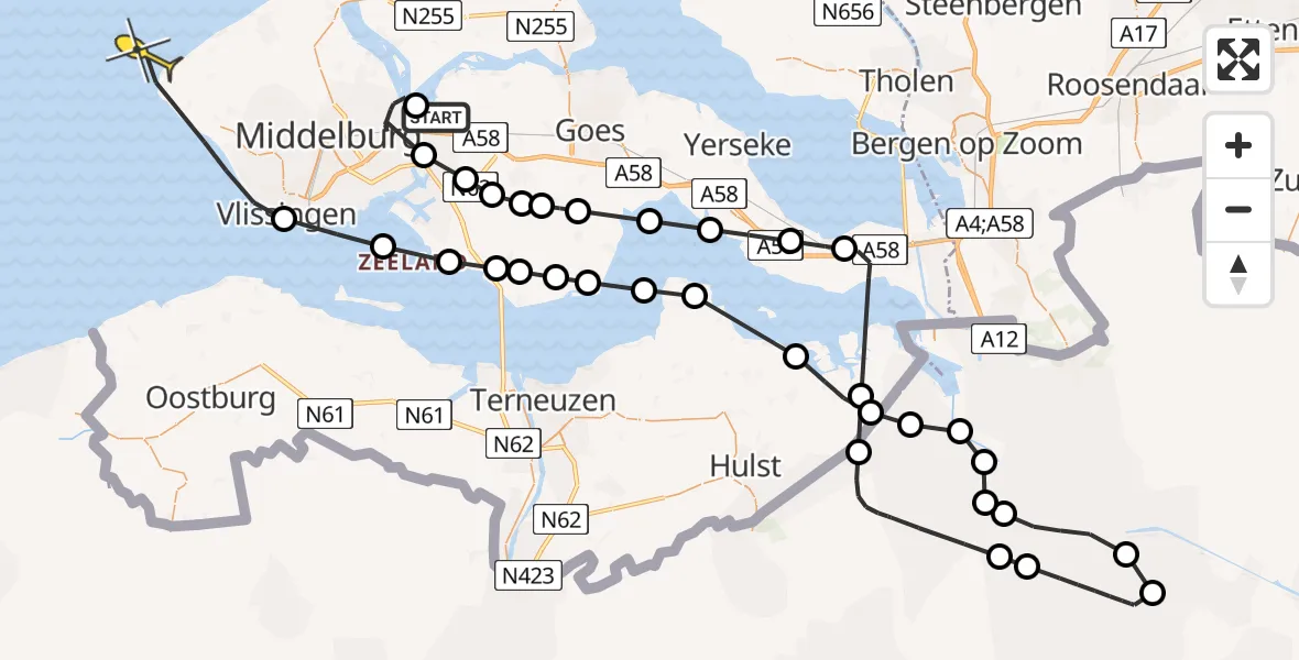 Routekaart van de vlucht: Kustwachthelikopter naar Vlissingen, Bastiaan de Langeplaatweg