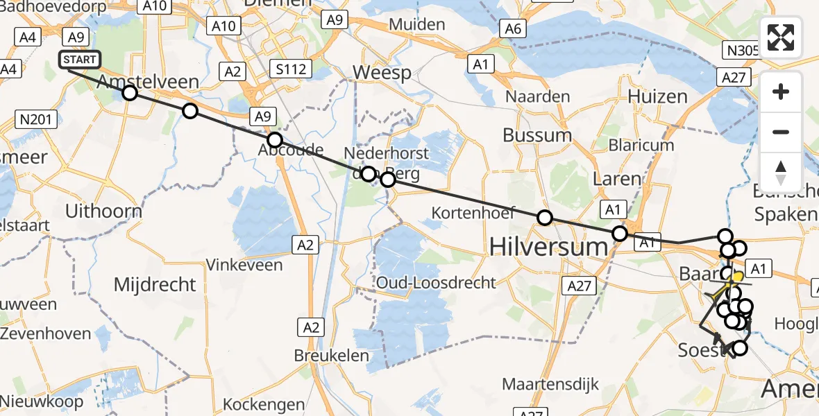 Routekaart van de vlucht: Politiehelikopter naar Baarn, Amsterdam-Bataviaweg