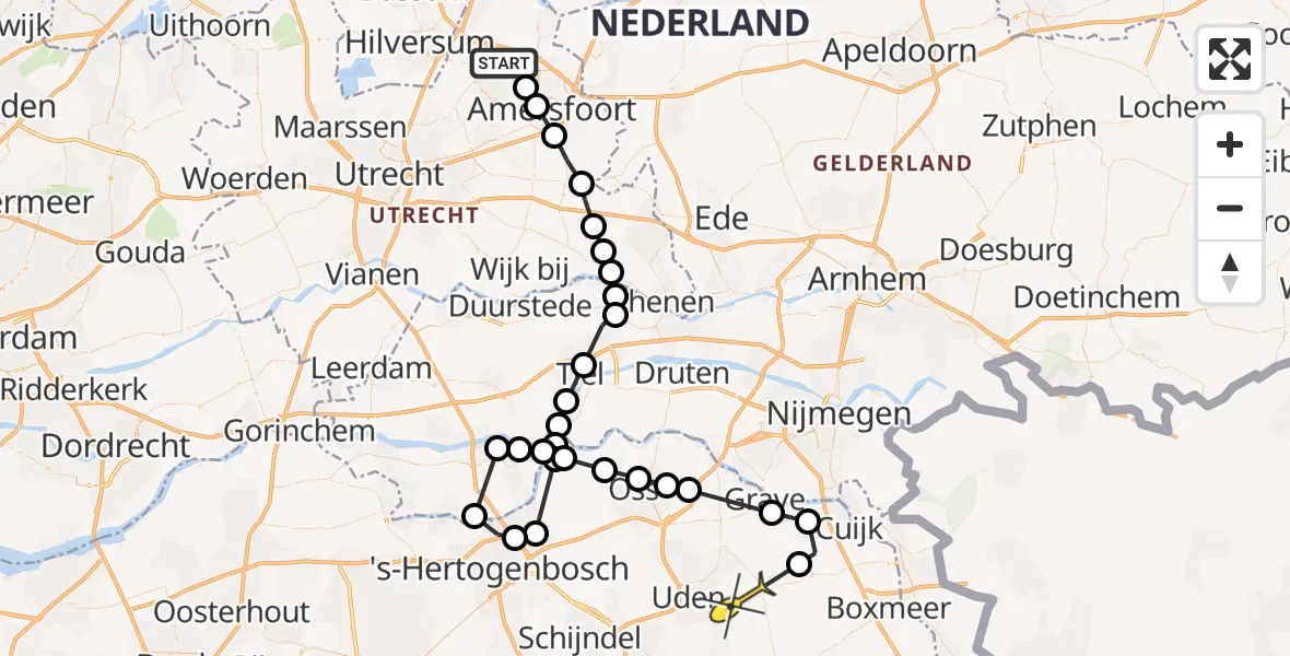 Routekaart van de vlucht: Politieheli naar Vliegbasis Volkel, de Jol