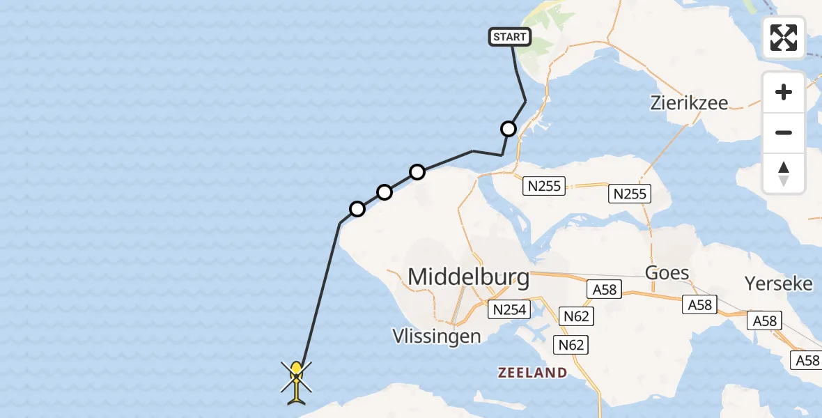 Routekaart van de vlucht: Politieheli naar Vlissingen