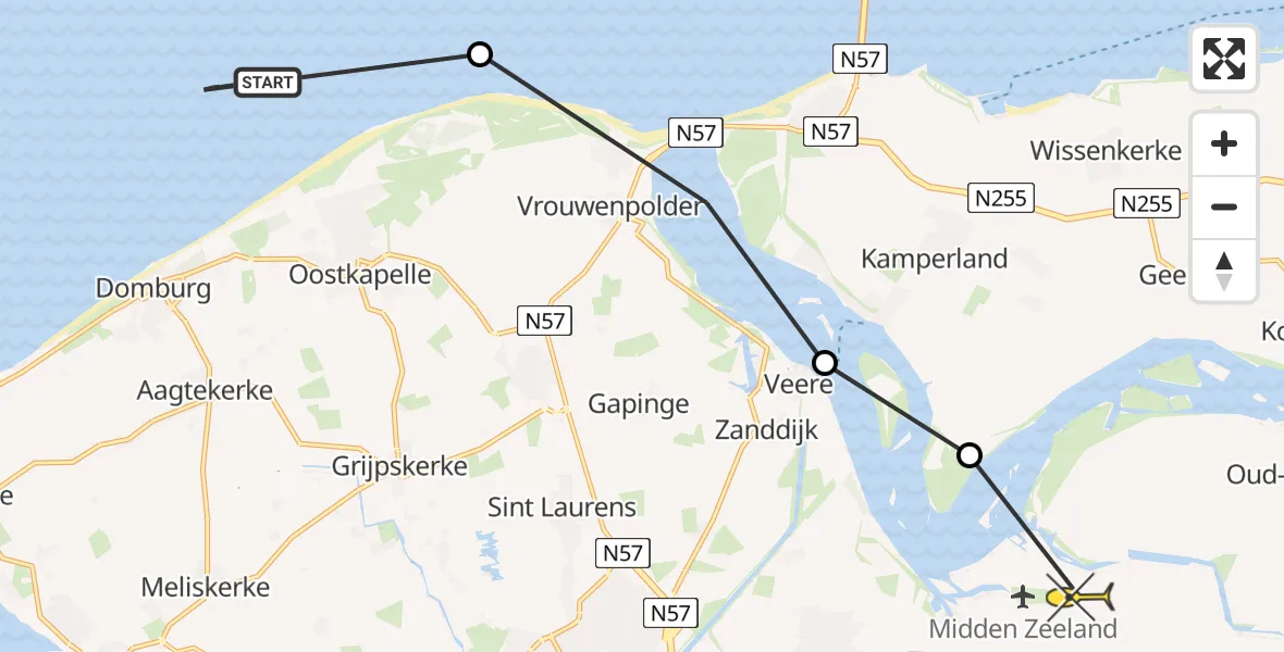 Routekaart van de vlucht: Kustwachthelikopter naar Vliegveld Midden-Zeeland, Strand Oostkapelle