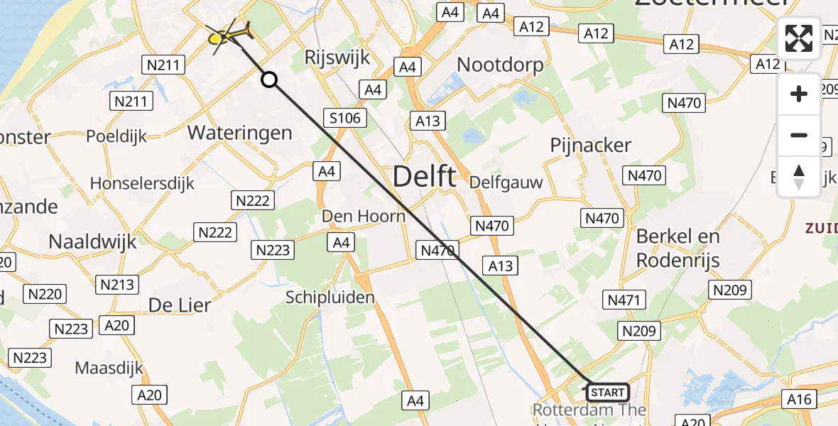 Routekaart van de vlucht: Lifeliner 2 naar Den Haag, Noordweg