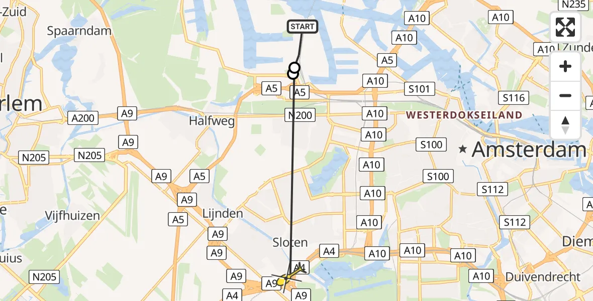 Routekaart van de vlucht: Lifeliner 1 naar Badhoevedorp, Nieuw-Zeelandweg