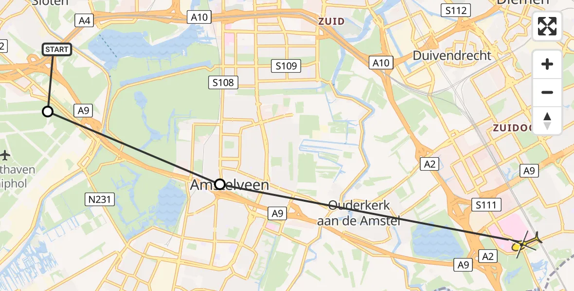 Routekaart van de vlucht: Lifeliner 1 naar Academisch Medisch Centrum (AMC), Loevesteinse Randweg