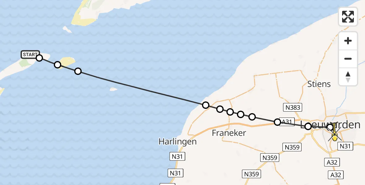 Routekaart van de vlucht: Ambulancehelikopter naar Leeuwarden, Sikkelduin