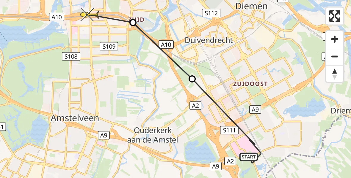 Routekaart van de vlucht: Lifeliner 1 naar VU Medisch Centrum Amsterdam, Meibergdreef