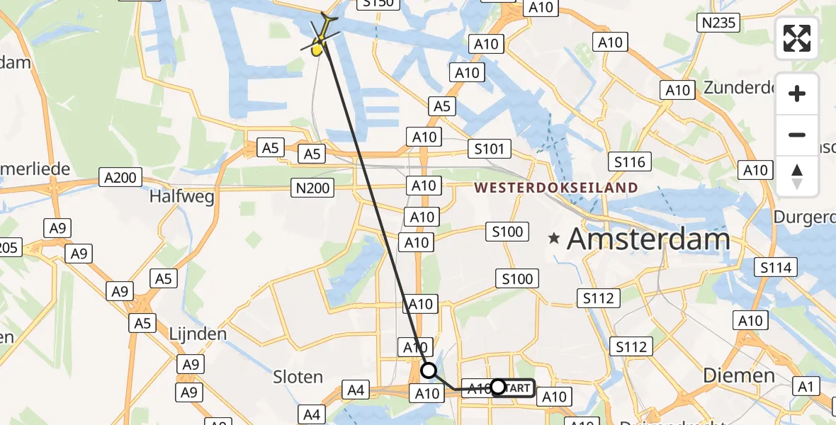 Routekaart van de vlucht: Lifeliner 1 naar Amsterdam Heliport, Burgerweeshuispad
