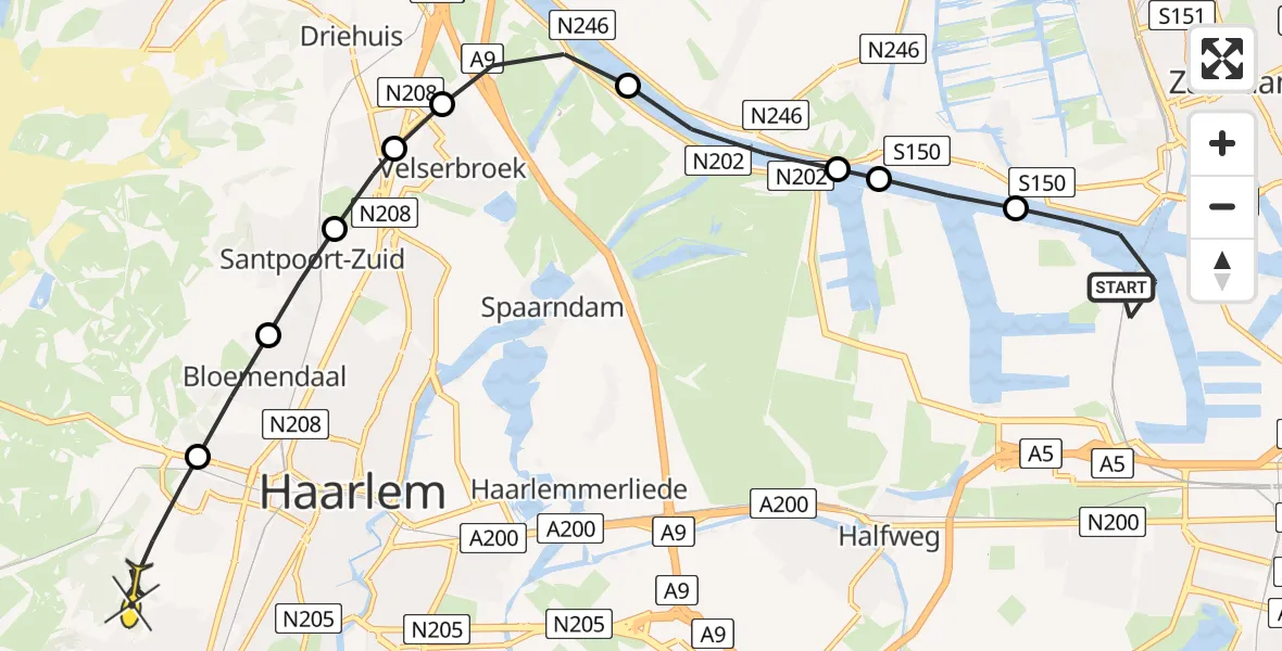 Routekaart van de vlucht: Lifeliner 1 naar Overveen, Noordzeekanaal