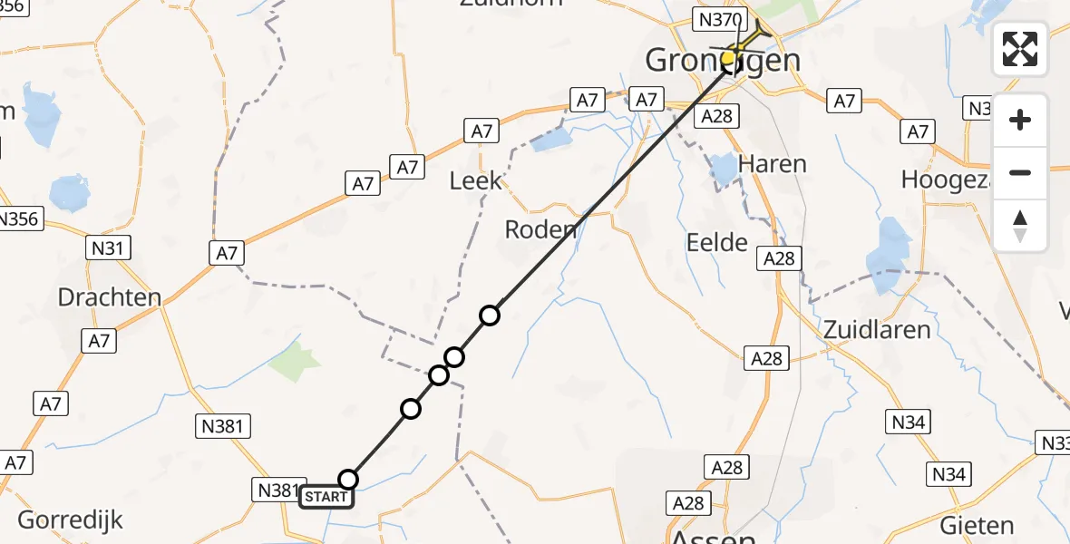 Routekaart van de vlucht: Lifeliner 4 naar Universitair Medisch Centrum Groningen, Zwetteweg