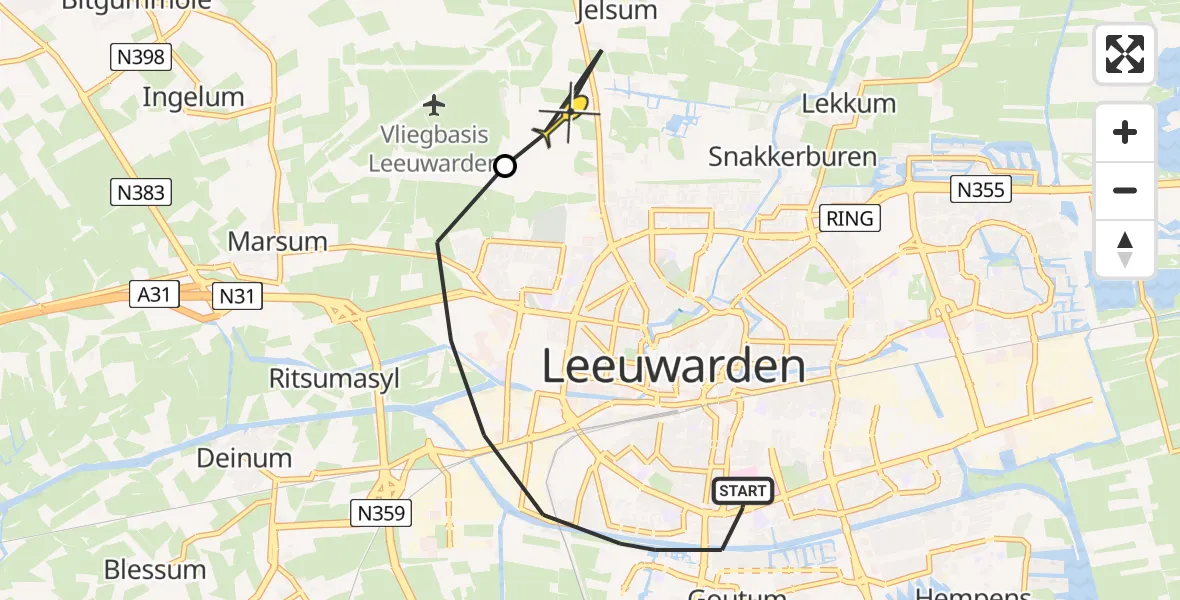 Routekaart van de vlucht: Ambulanceheli naar Vliegbasis Leeuwarden, Middelseefeart