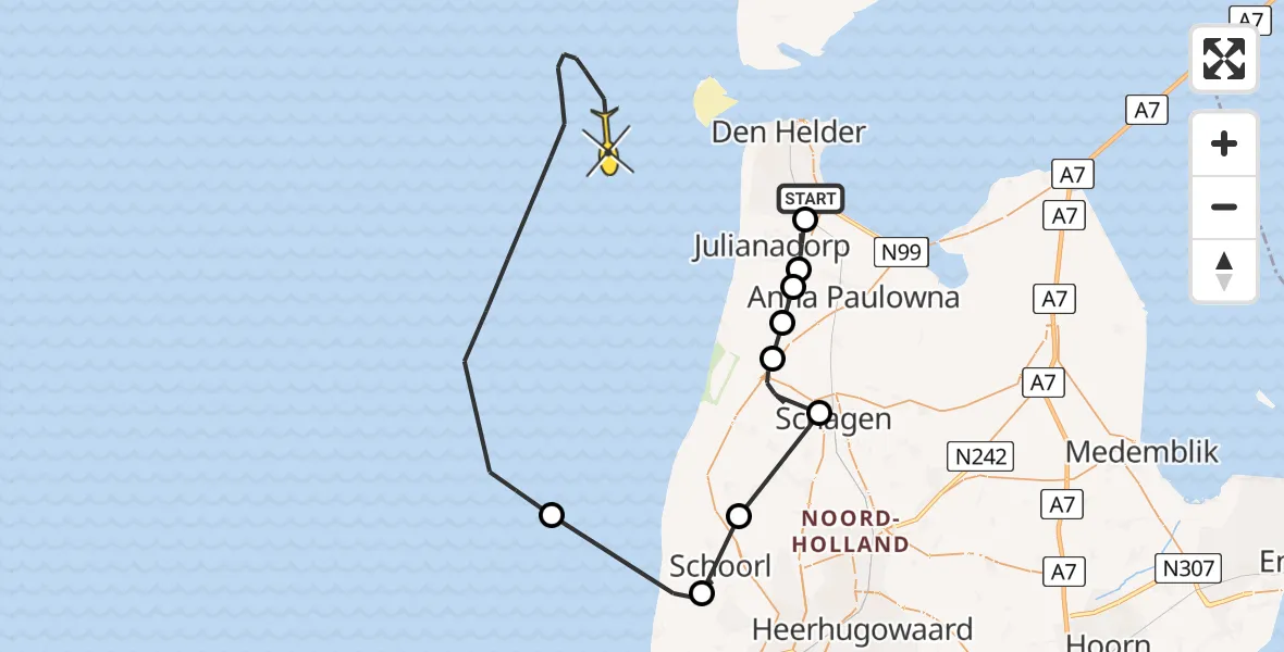 Routekaart van de vlucht: Kustwachthelikopter naar Mastenmakersweg