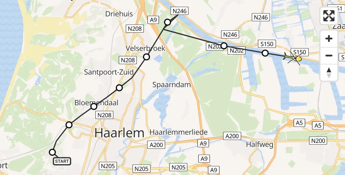 Routekaart van de vlucht: Lifeliner 1 naar Amsterdam, Rockartsduinweg