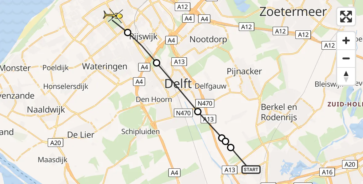 Routekaart van de vlucht: Lifeliner 2 naar Den Haag, Schieveense polder