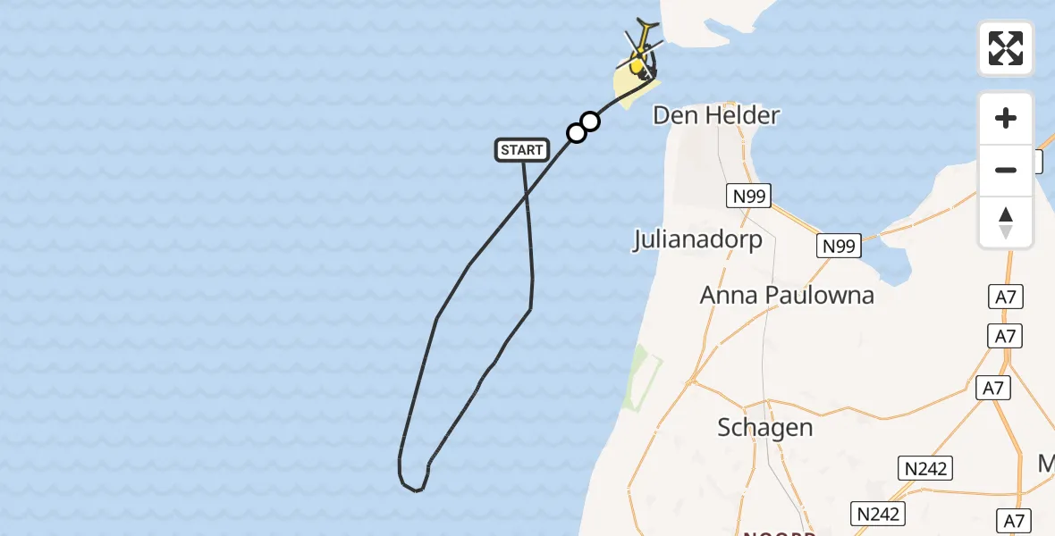 Routekaart van de vlucht: Kustwachthelikopter naar Den Hoorn