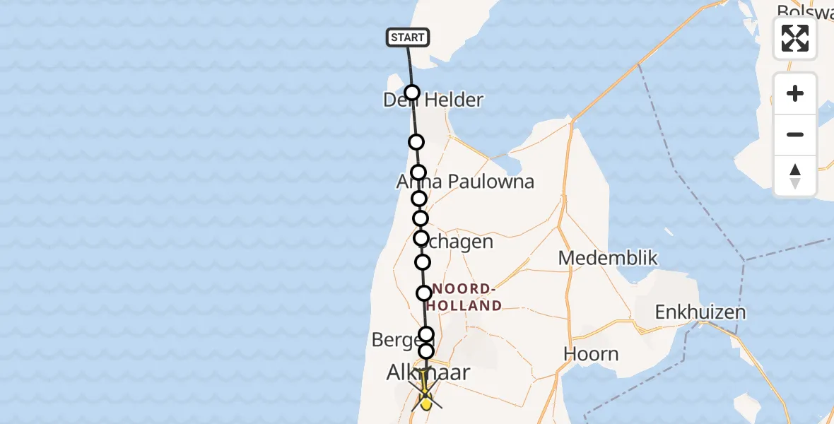 Routekaart van de vlucht: Ambulancehelikopter naar Alkmaar, Hoornderslag