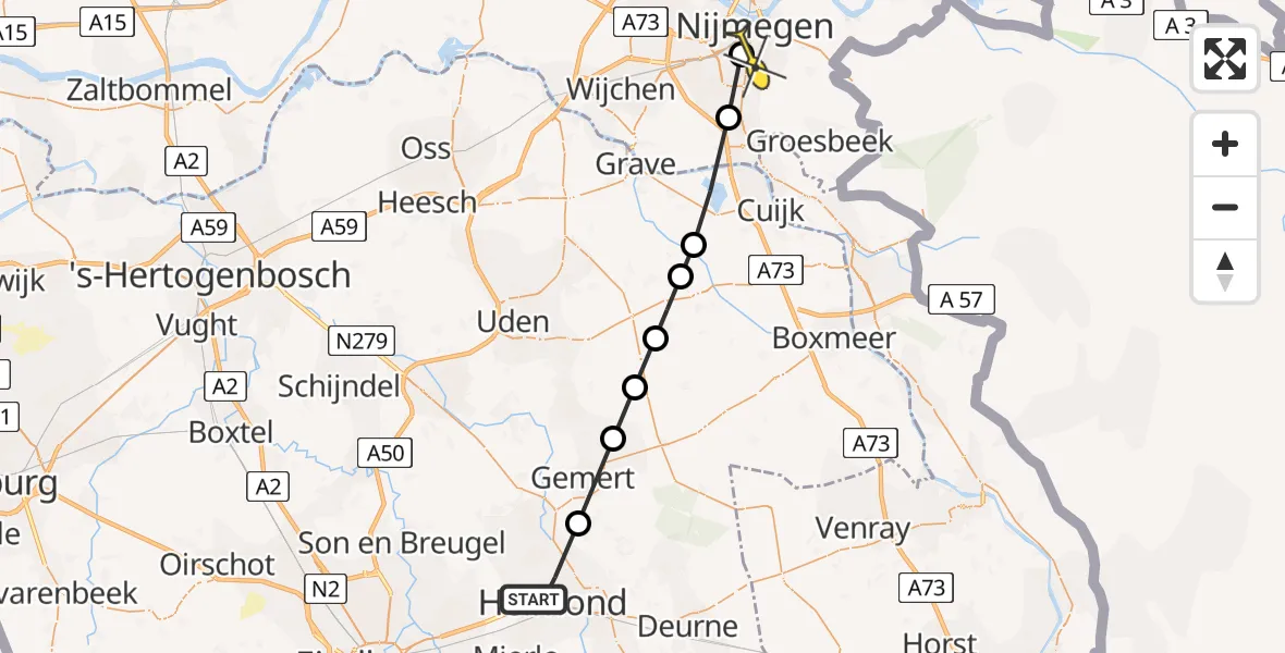Routekaart van de vlucht: Lifeliner 3 naar Radboud Universitair Medisch Centrum, Hoogeind