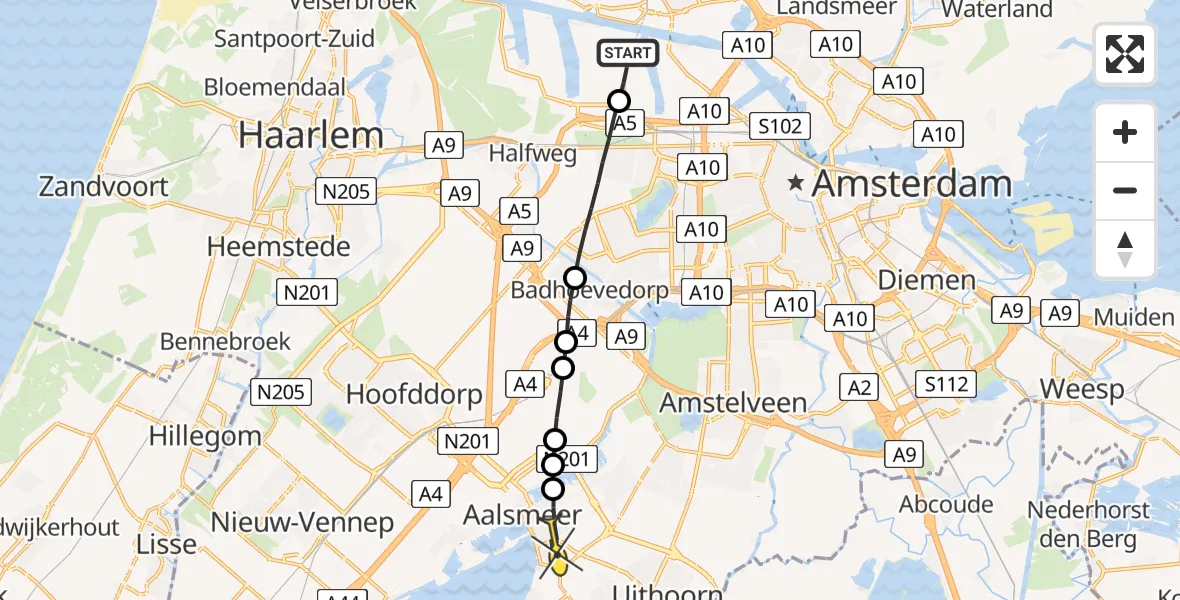 Routekaart van de vlucht: Lifeliner 1 naar Aalsmeer, Nieuw-Zeelandweg