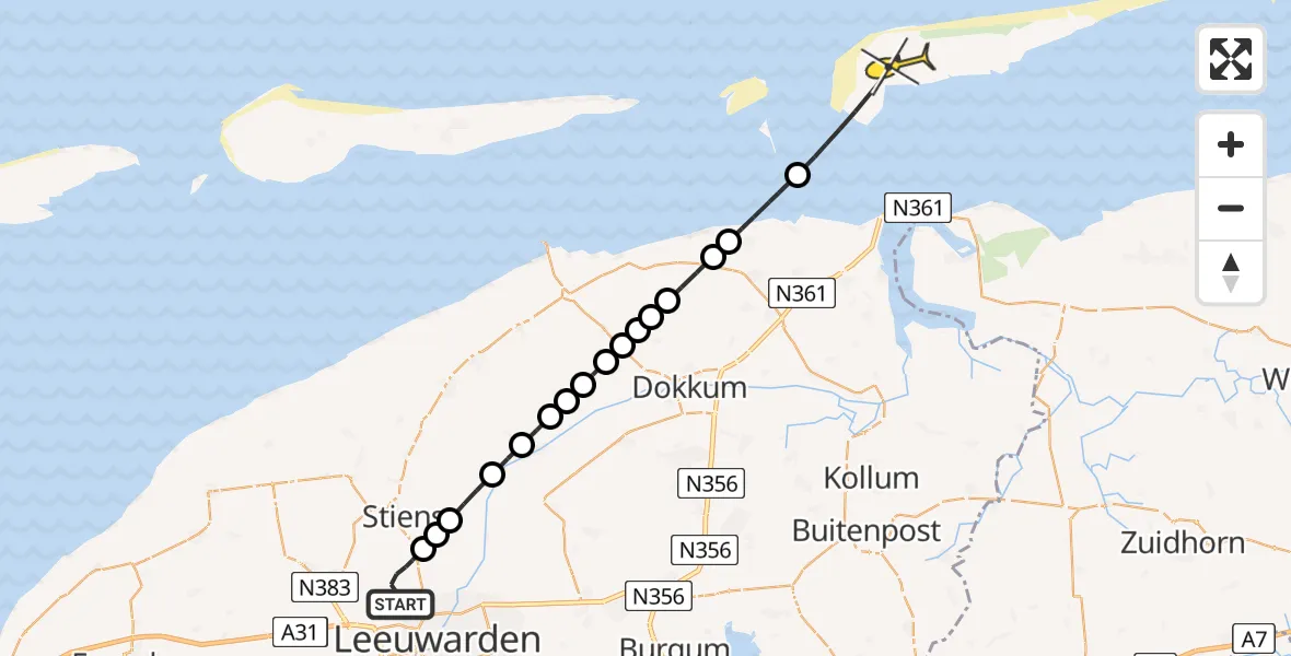 Routekaart van de vlucht: Ambulanceheli naar Schiermonnikoog, Buitengebied Noordwest