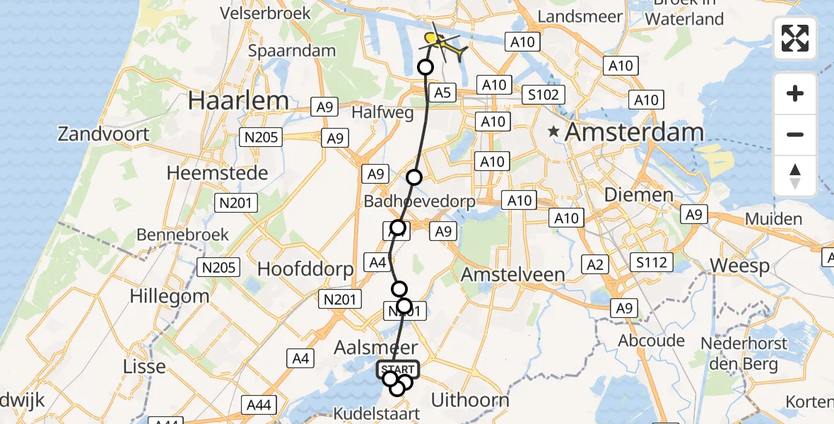 Routekaart van de vlucht: Lifeliner 1 naar Amsterdam Heliport, Mijnsherenweg