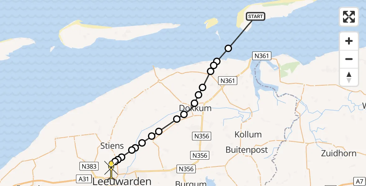 Routekaart van de vlucht: Ambulancehelikopter naar Vliegbasis Leeuwarden, Reeweg