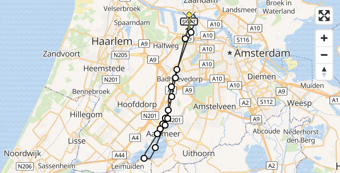 Routekaart van de vlucht: Lifeliner 1 naar Amsterdam Heliport, Nieuw-Zeelandweg