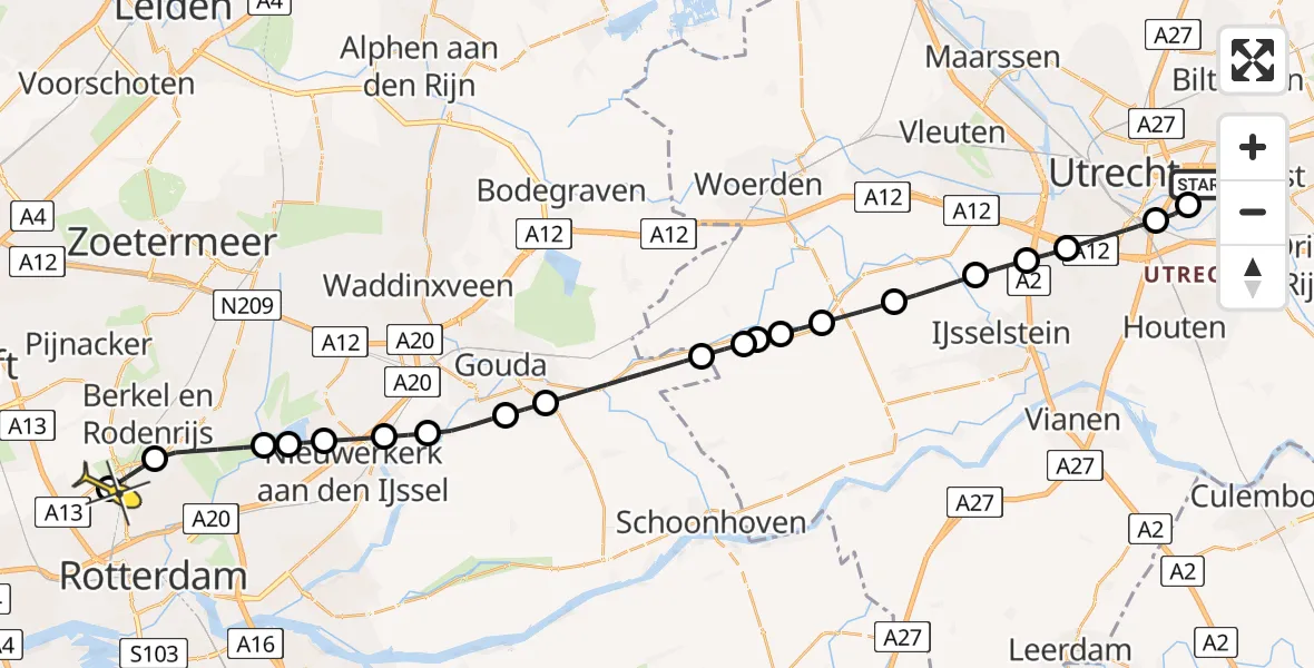 Routekaart van de vlucht: Lifeliner 2 naar Rotterdam The Hague Airport, UMC Ambulancetunnel