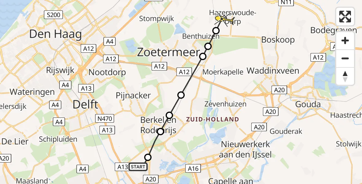 Routekaart van de vlucht: Lifeliner 2 naar Hazerswoude-Dorp, Fairoaksbaan