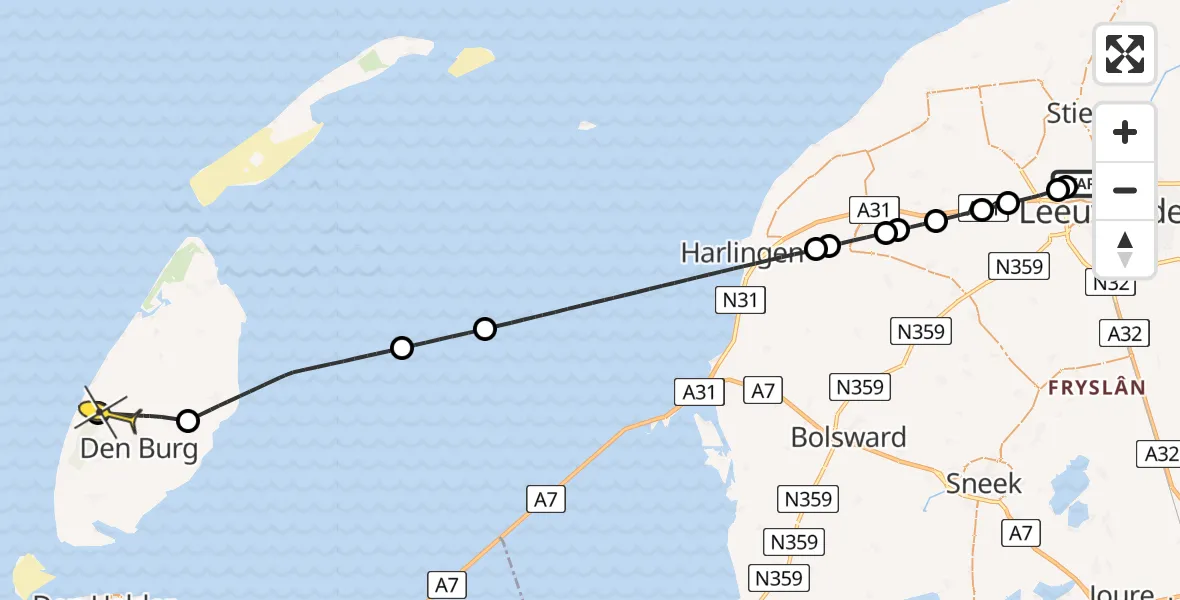 Routekaart van de vlucht: Ambulancehelikopter naar De Koog, Ljouwerterdyk