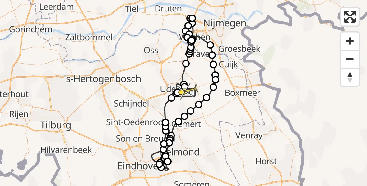 Routekaart van de vlucht: Politieheli naar Vliegbasis Volkel, Zeelandsedijk