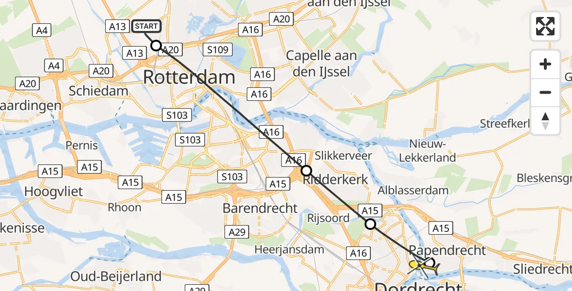 Routekaart van de vlucht: Lifeliner 2 naar Papendrecht, Overschiese Kleiweg