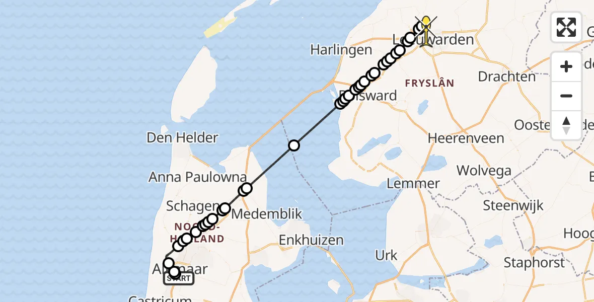 Routekaart van de vlucht: Ambulanceheli naar Vliegbasis Leeuwarden, Kennemerstraatweg