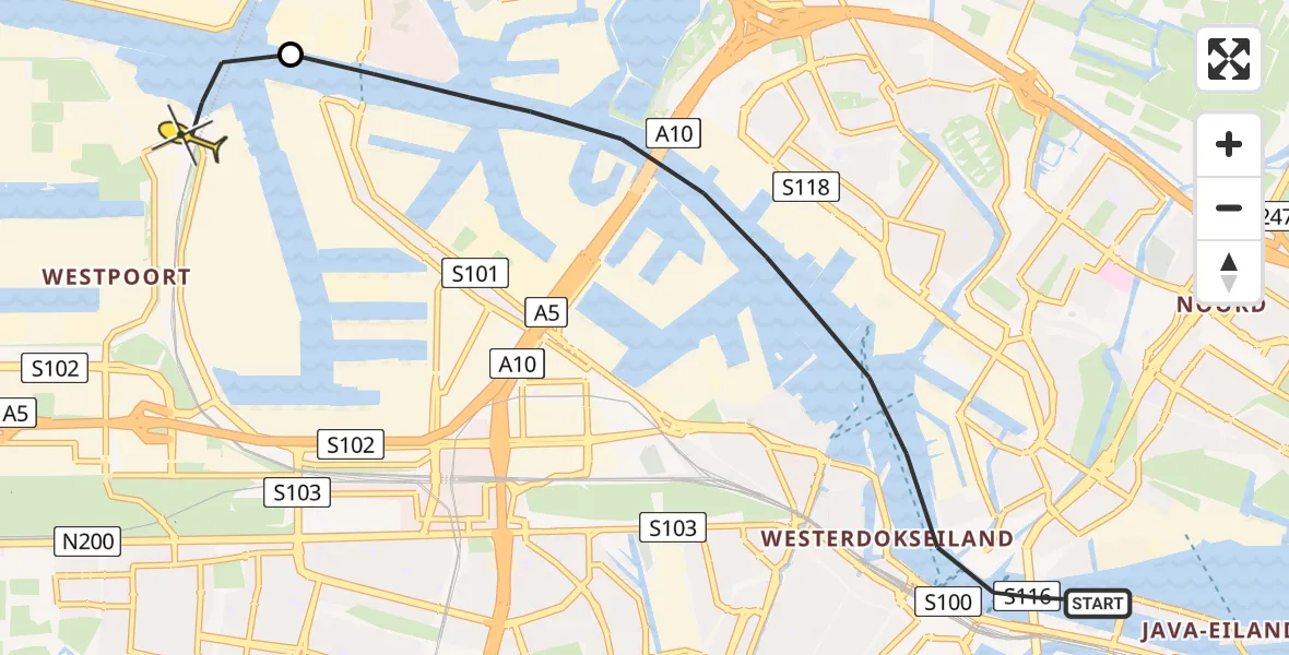 Routekaart van de vlucht: Traumaheli naar Amsterdam Heliport, Javakade