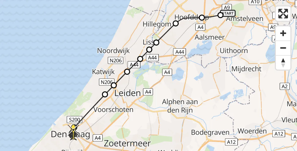 Routekaart van de vlucht: Politiehelikopter naar Den Haag, Amsterdam-Bataviaweg