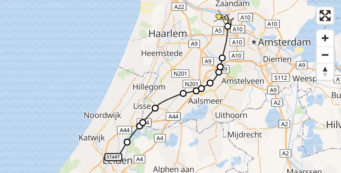 Routekaart van de vlucht: Lifeliner 1 naar Amsterdam Heliport, Haarlemmerweg