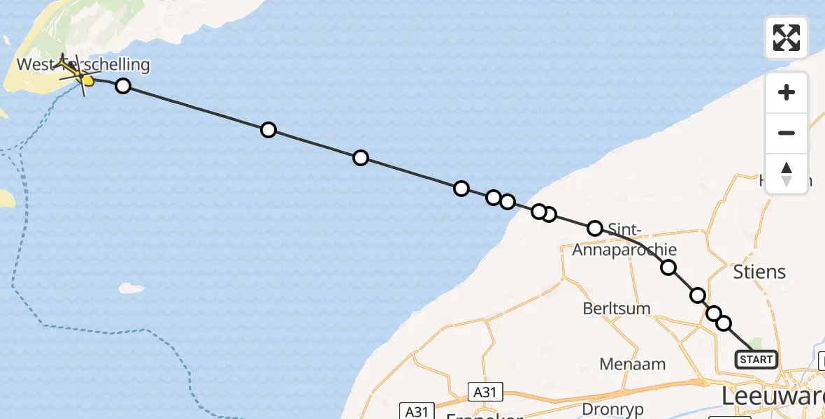 Routekaart van de vlucht: Ambulancehelikopter naar West-Terschelling, Keegsdijkje