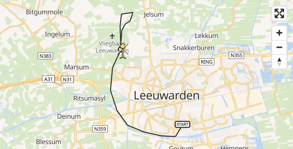 Routekaart van de vlucht: Ambulancehelikopter naar Vliegbasis Leeuwarden, Nijlânsdyk