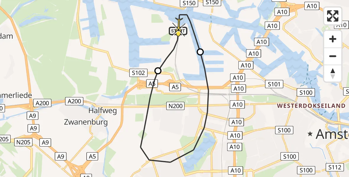 Routekaart van de vlucht: Lifeliner 1 naar Amsterdam Heliport, Westpoort