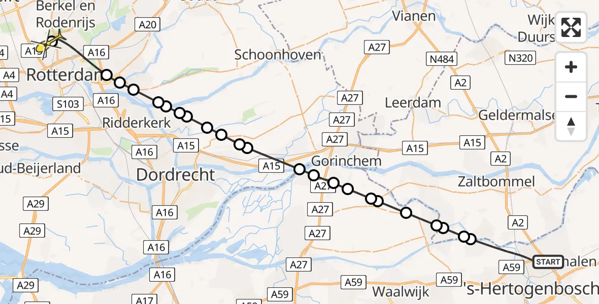 Routekaart van de vlucht: Lifeliner 2 naar Rotterdam The Hague Airport, Eerste Donk