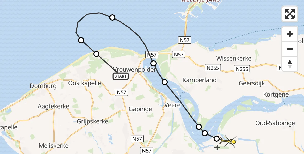 Routekaart van de vlucht: Kustwachthelikopter naar Vliegveld Midden-Zeeland, Koningin Emmaweg