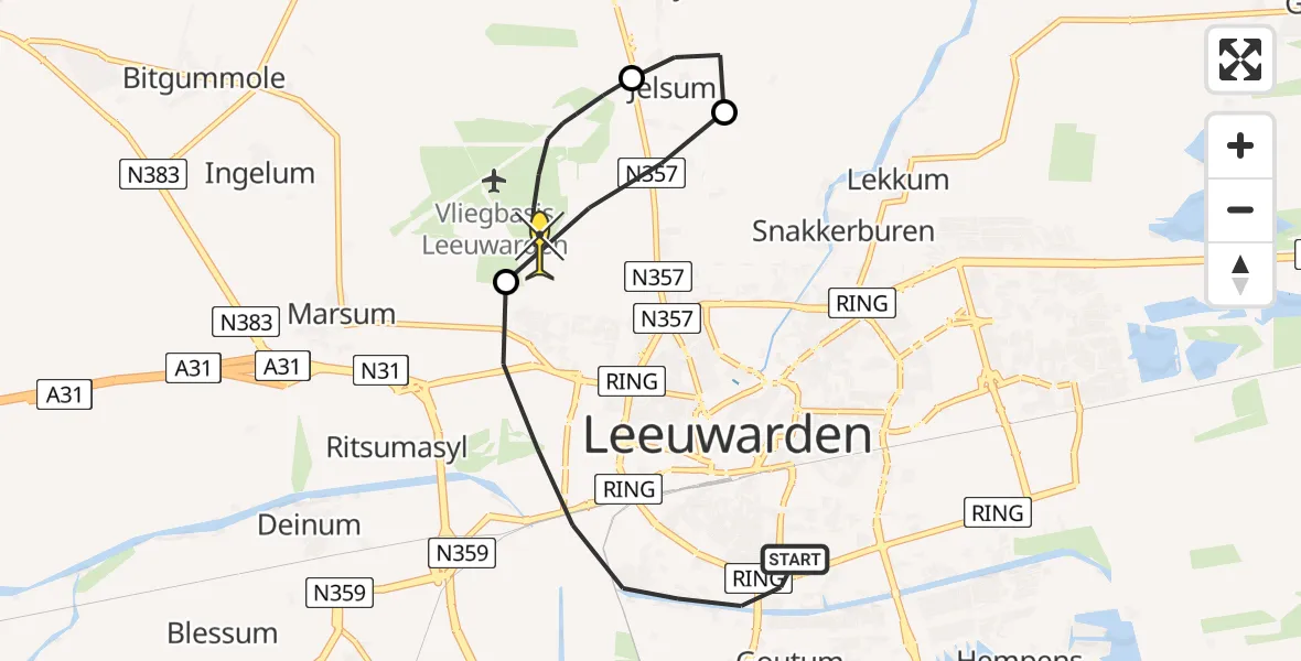 Routekaart van de vlucht: Ambulanceheli naar Vliegbasis Leeuwarden, Nijlânsdyk