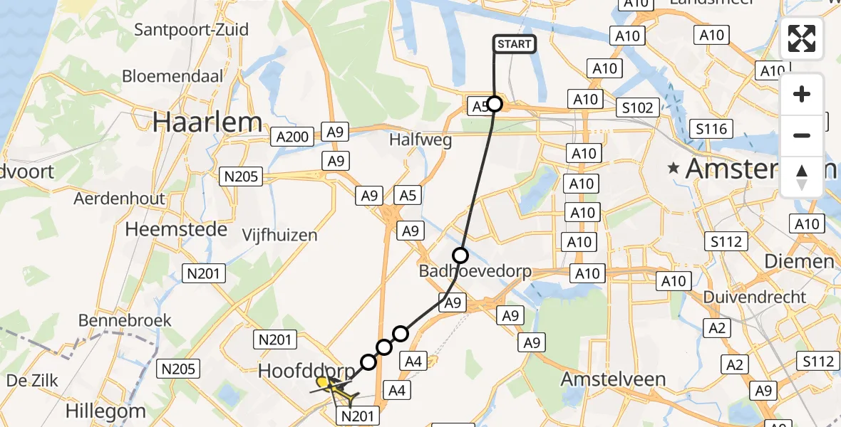 Routekaart van de vlucht: Lifeliner 1 naar Hoofddorp, Amerikahavenweg