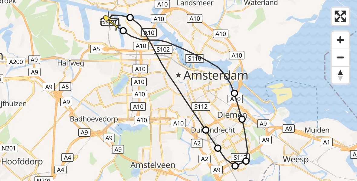 Routekaart van de vlucht: Lifeliner 1 naar Amsterdam Heliport, Hemweg