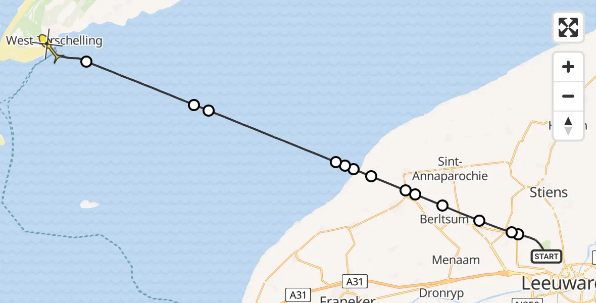 Routekaart van de vlucht: Ambulancehelikopter naar West-Terschelling, Keegsdijkje
