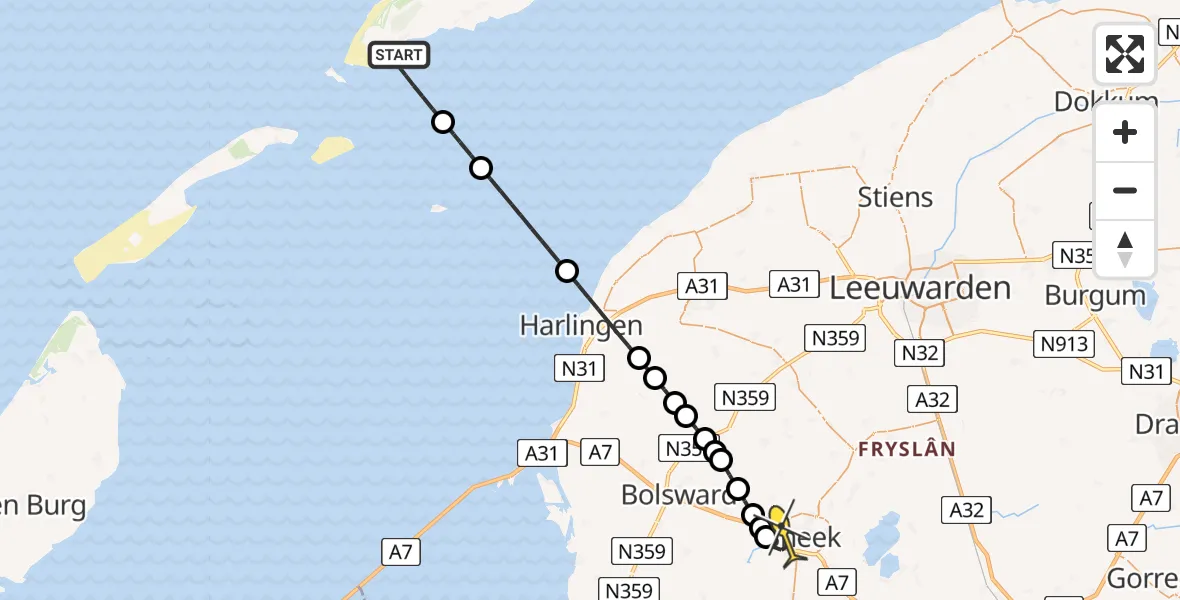 Routekaart van de vlucht: Ambulancehelikopter naar Sneek, De Kom