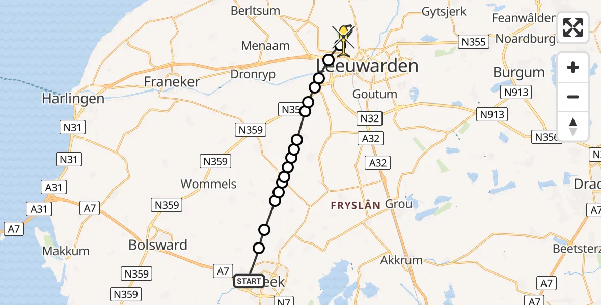 Routekaart van de vlucht: Ambulancehelikopter naar Vliegbasis Leeuwarden, Stadsrondweg-Noord